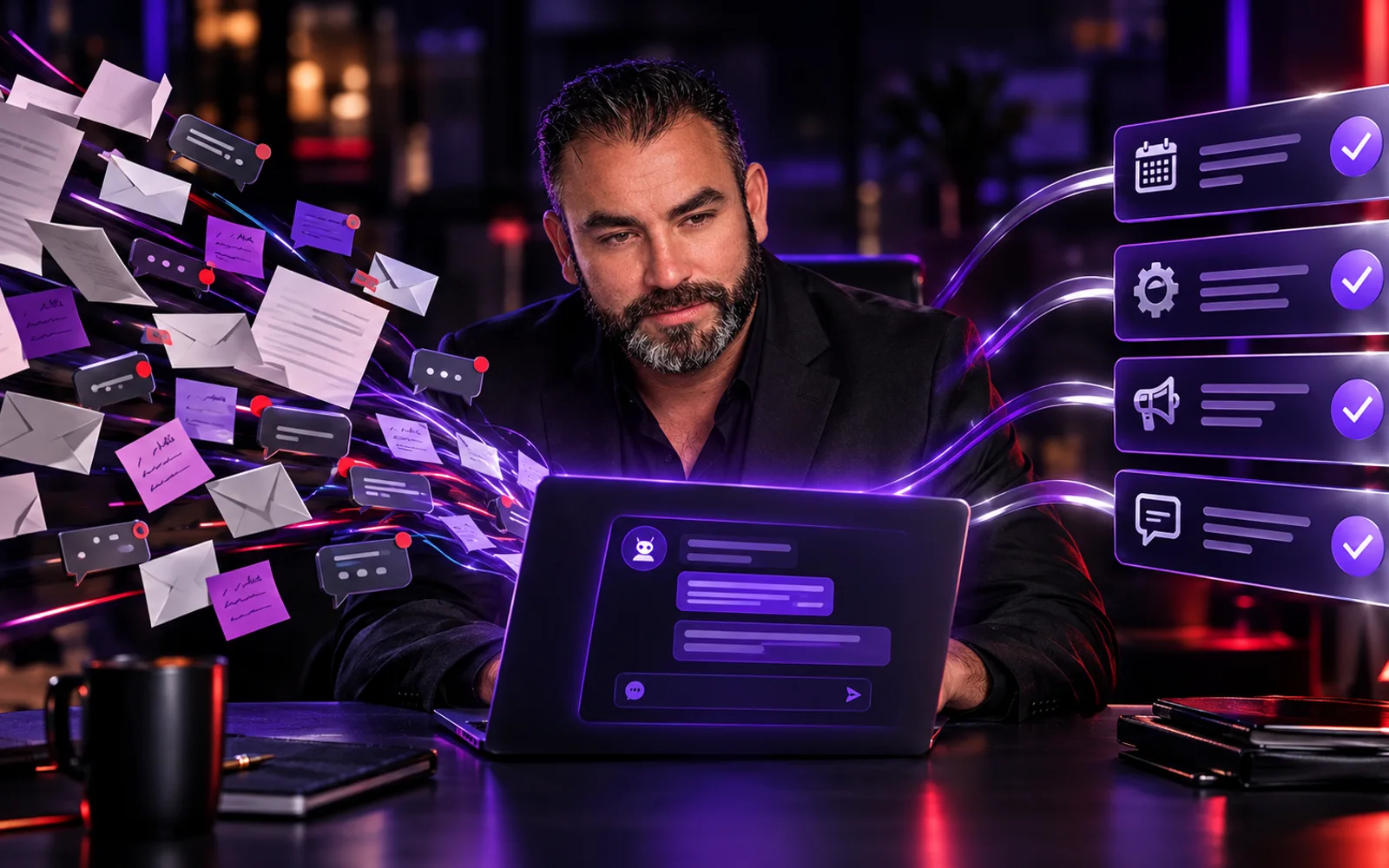 Richard Nova frente a una laptop: tareas desordenadas entran a un chat de IA y salen ordenadas